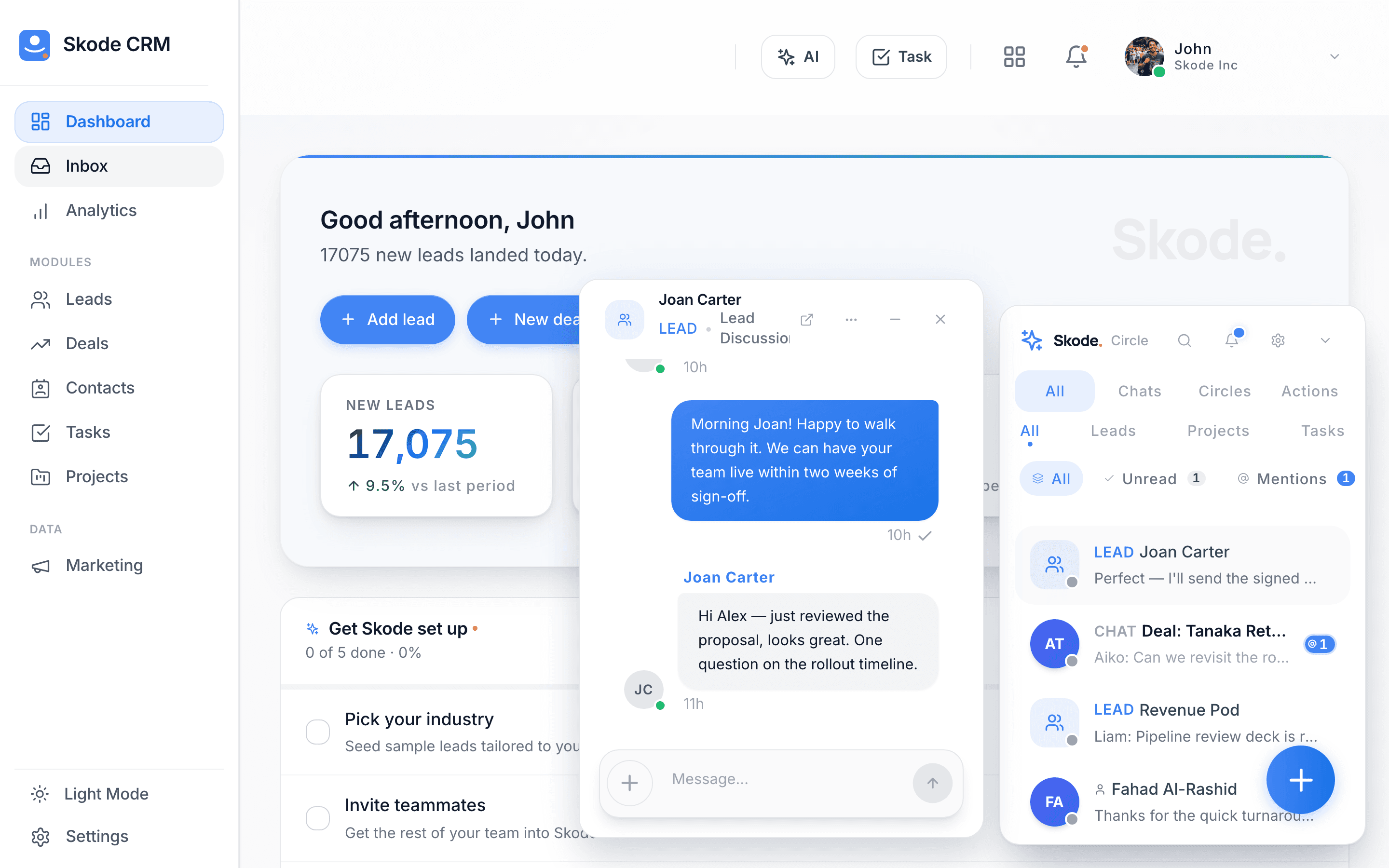 Skode Circle inbox with a customer conversation thread