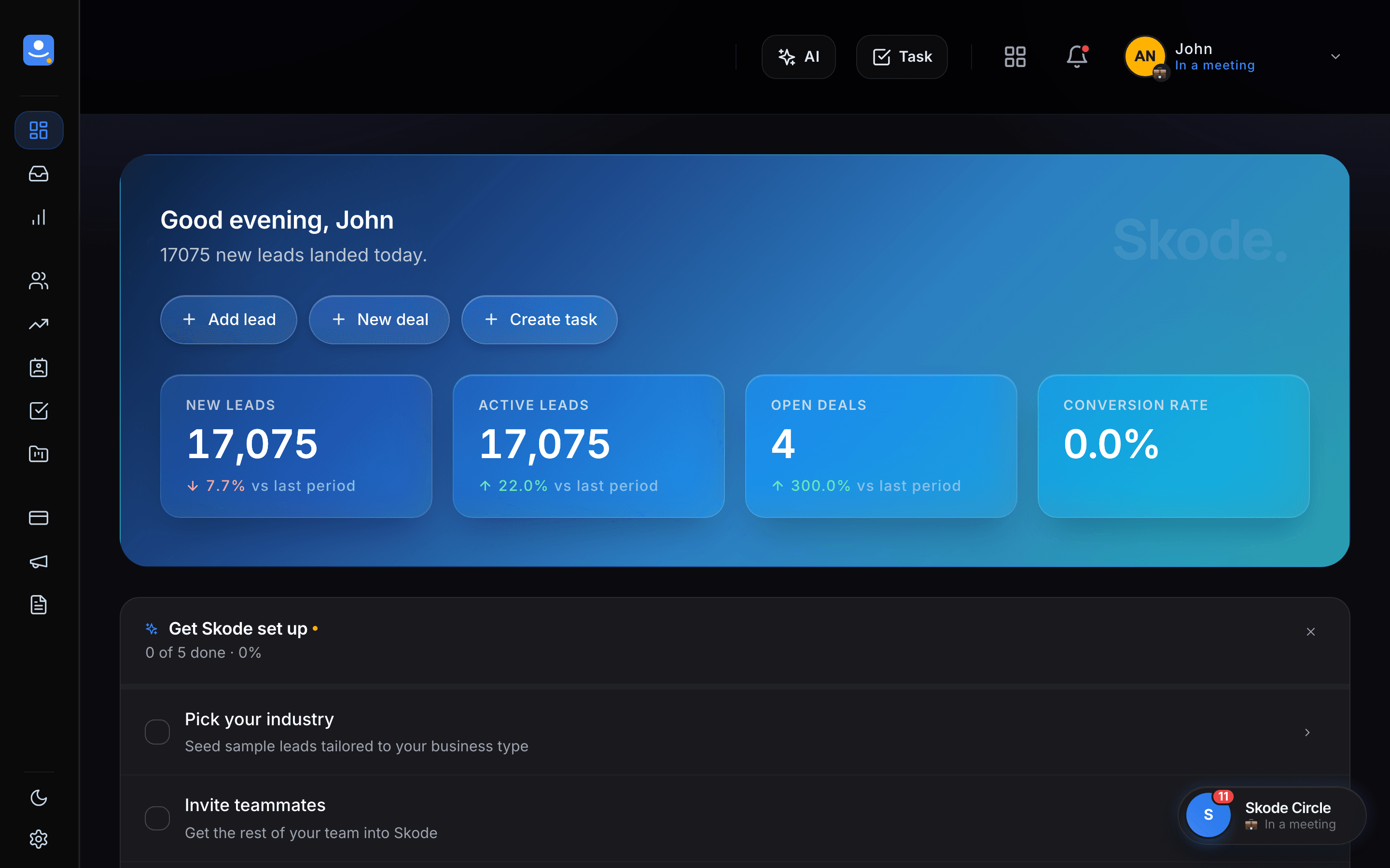 Skode CRM Dashboard — dark mode