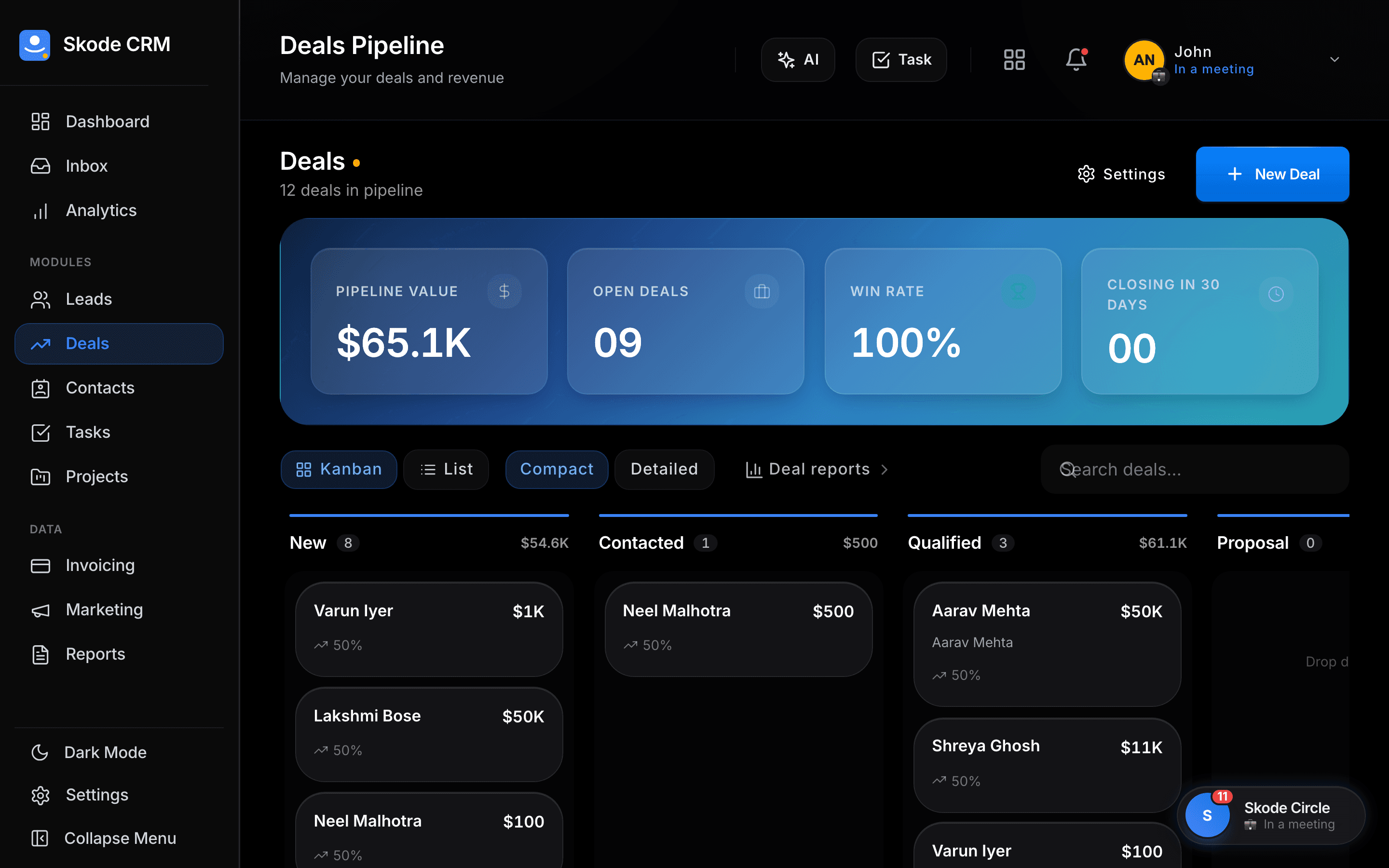 Skode CRM Deals — dark mode