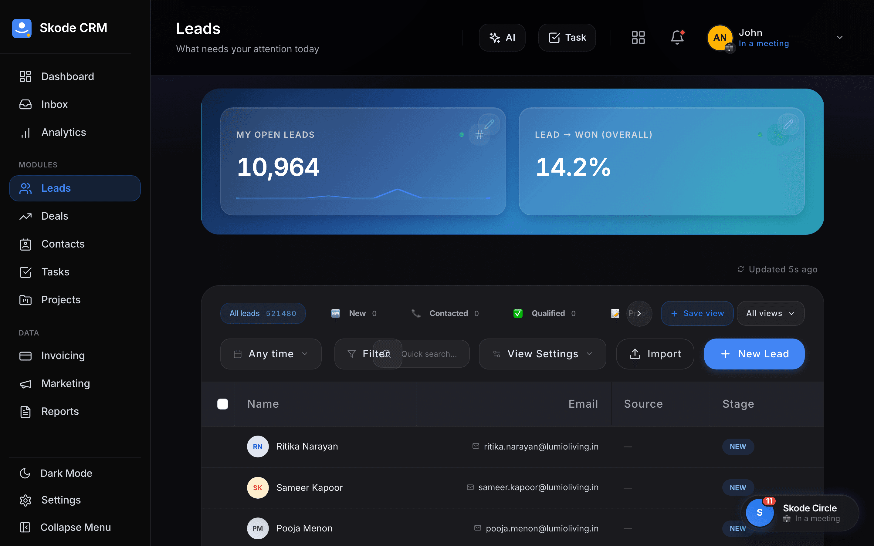 Skode CRM Leads — dark mode