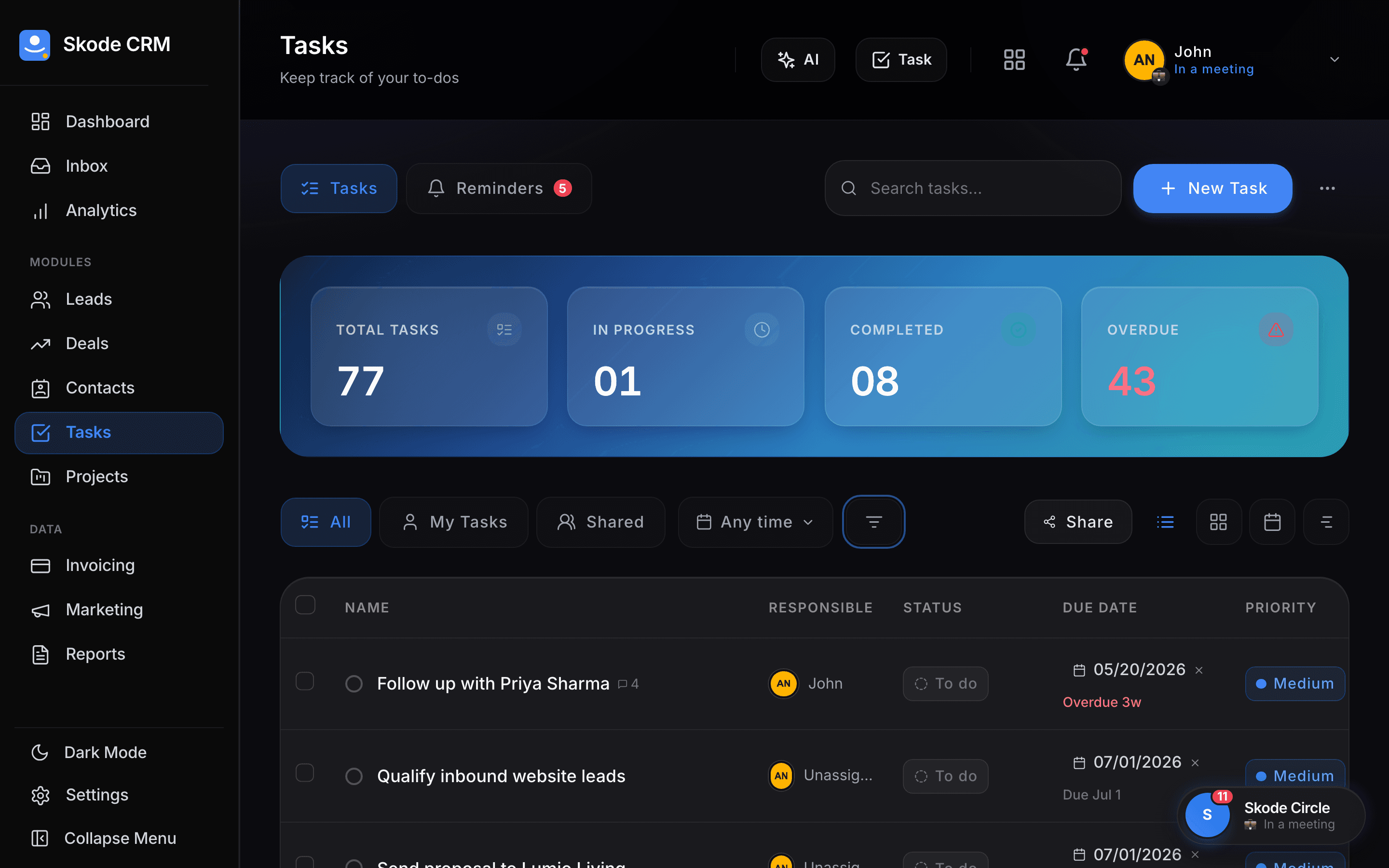 Skode CRM Tasks — dark mode