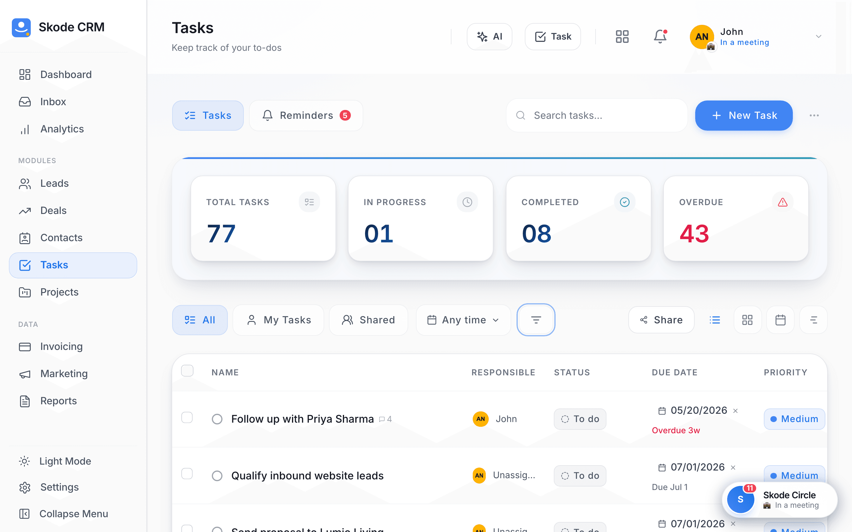 Skode CRM Tasks — light mode