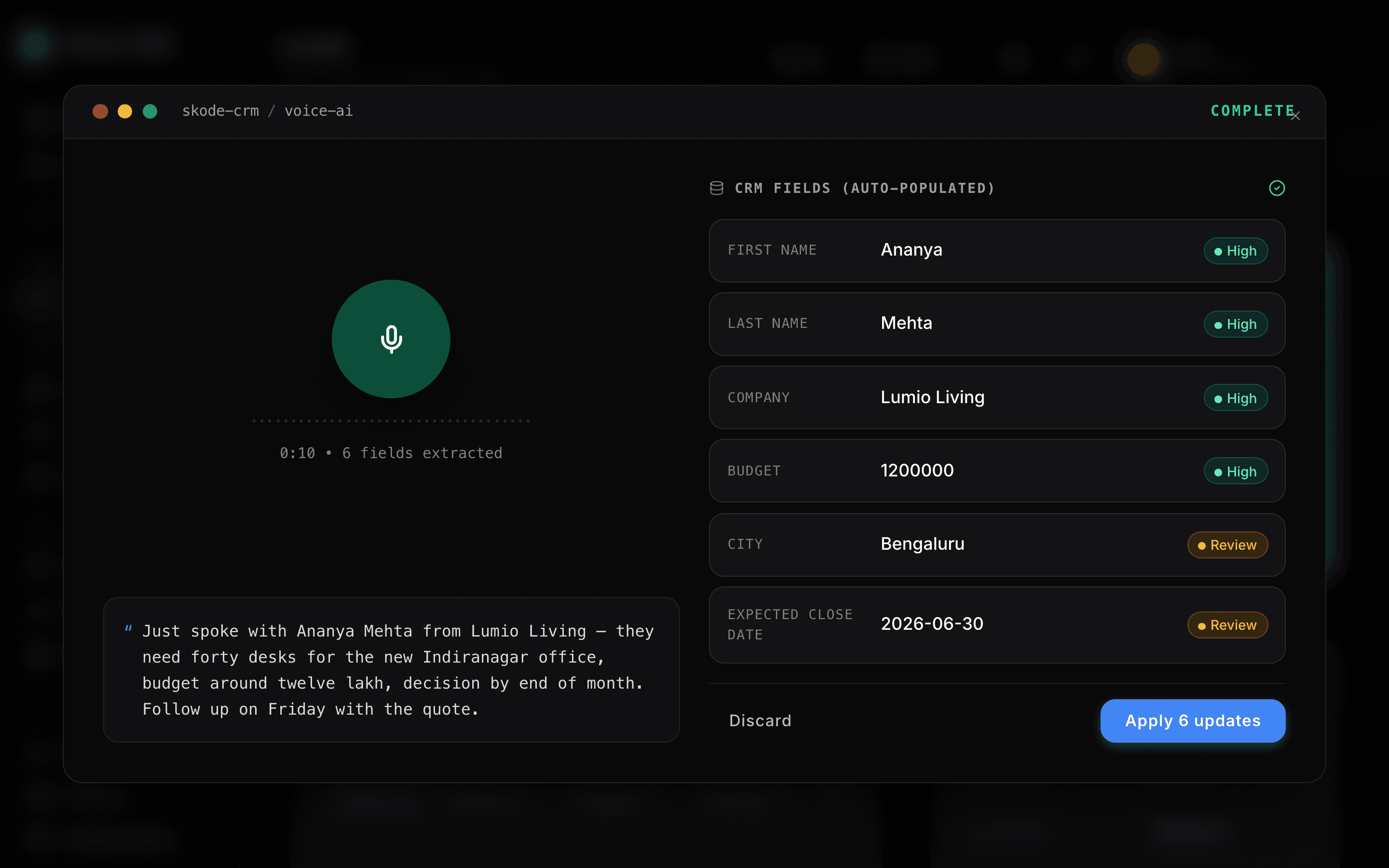 Skode CRM Voice AI filling contact fields from a voice note