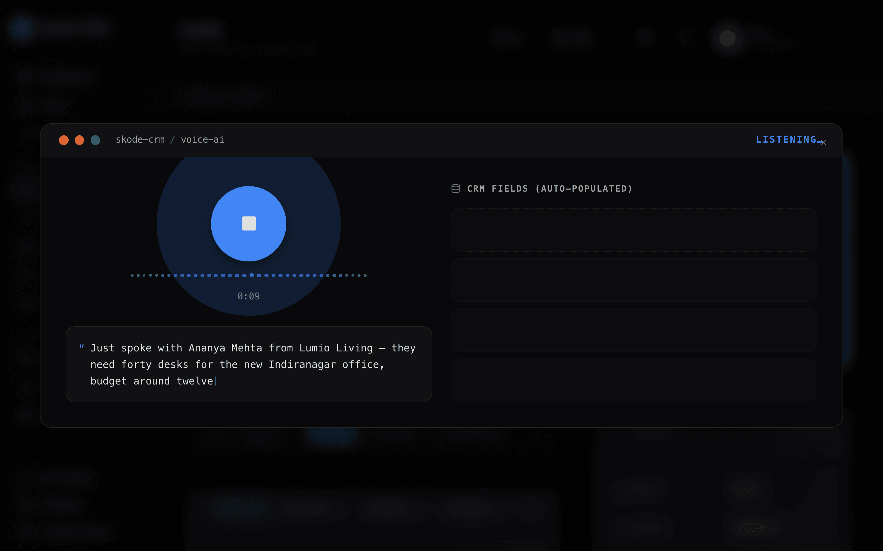 Skode CRM Voice AI — listening — dark mode