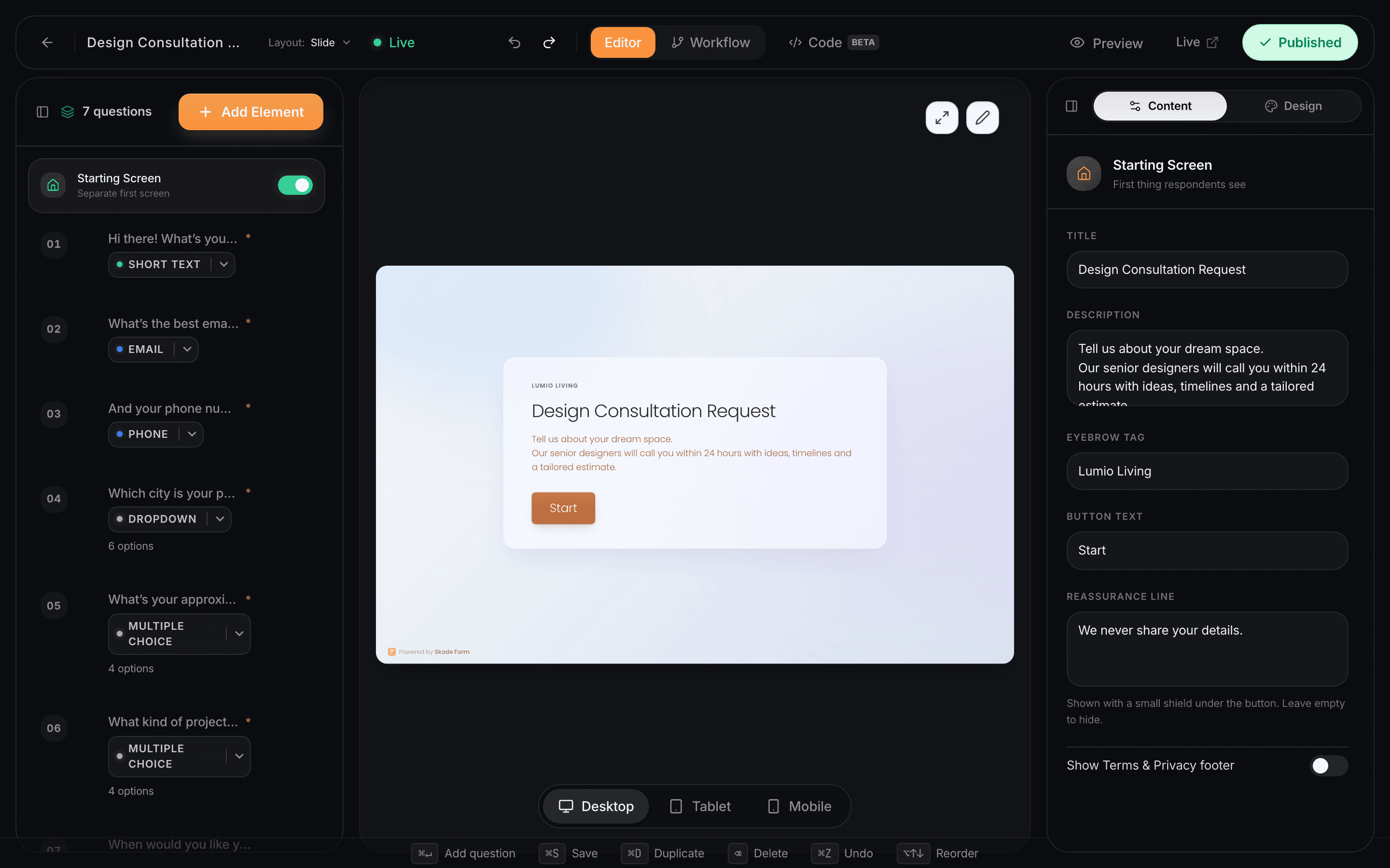 Skode Forms Builder — dark mode