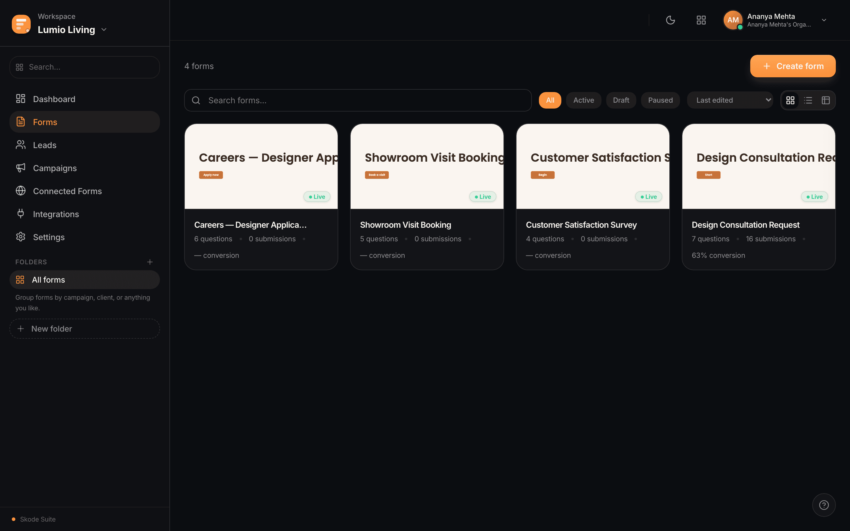 Skode Forms Forms — dark mode
