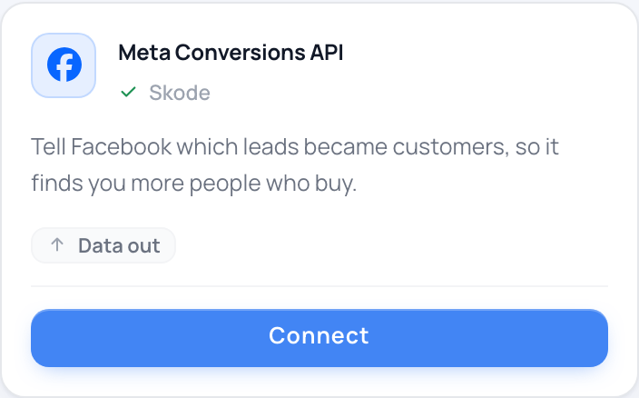 The Meta Conversions API card on the Integrations marketplace, with a Connect button