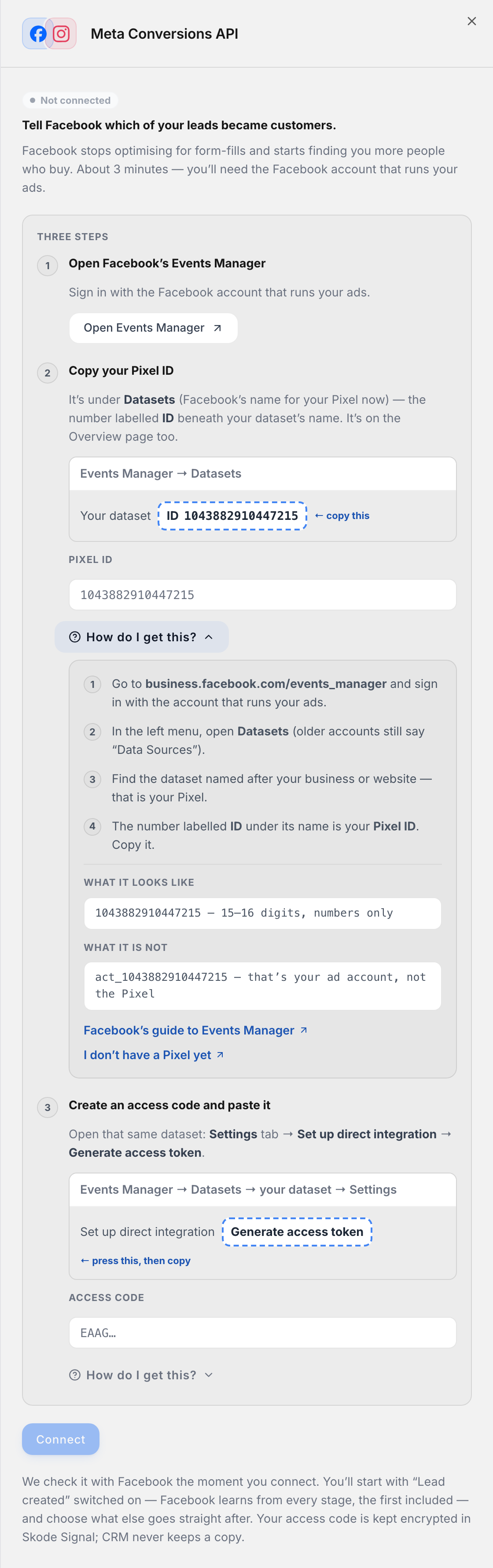 Step 2 in the Skode panel: a picture of where the Pixel ID sits in Events Manager, and the box to paste it into