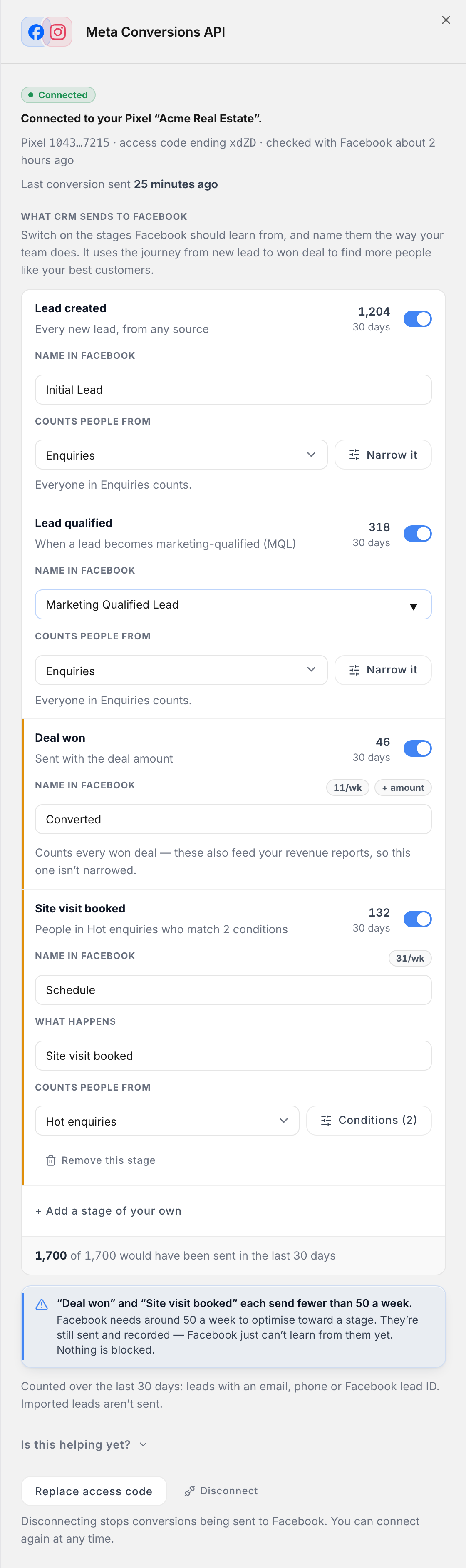 The connected panel: three stages with switches, a name for each in Facebook, and which profile each counts people from