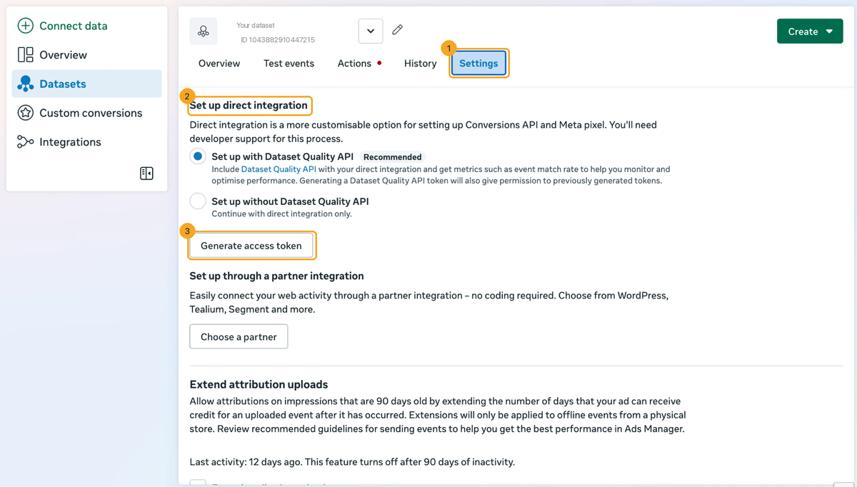 The dataset’s Settings tab in Events Manager: the Settings tab, the Set up direct integration section and the Generate access token button, numbered