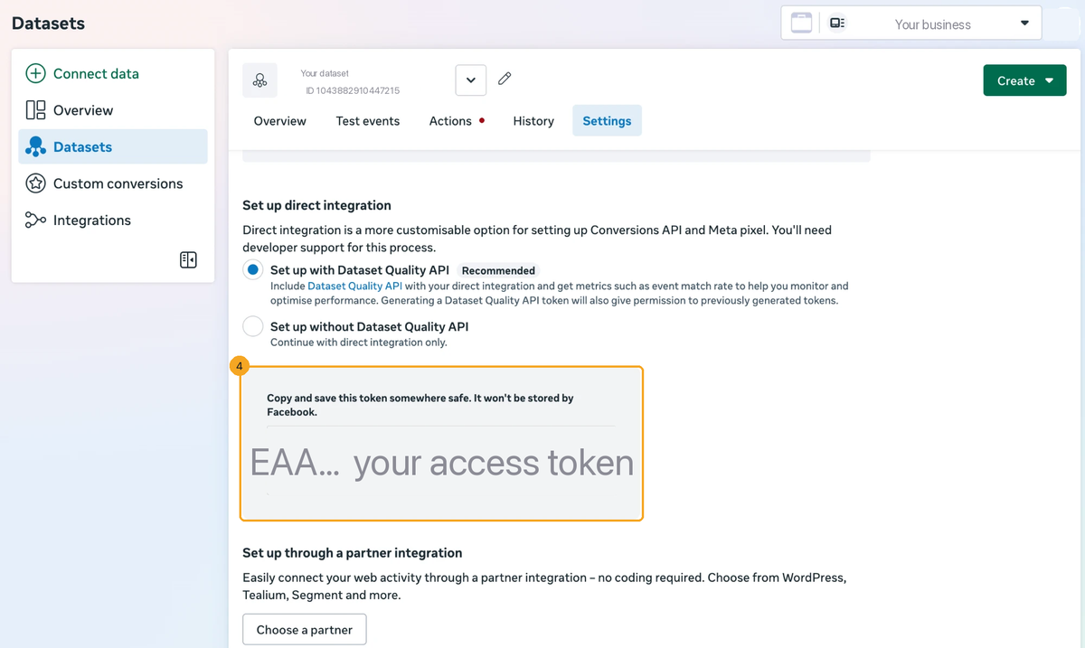 The generated access token shown in a grey box under Set up direct integration, ringed